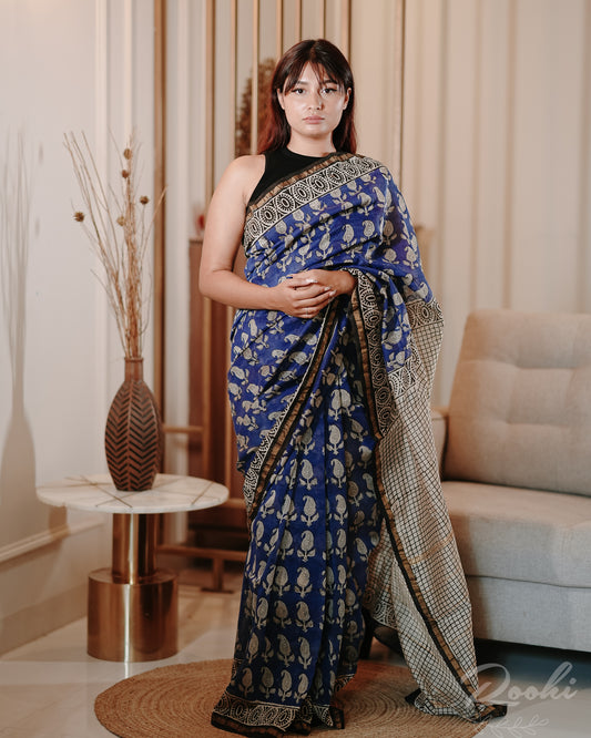 Aranya Block Prined Chanderi Saree