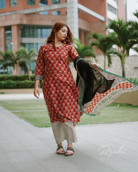 Arunika - Block Printed Chanderi Suit Set