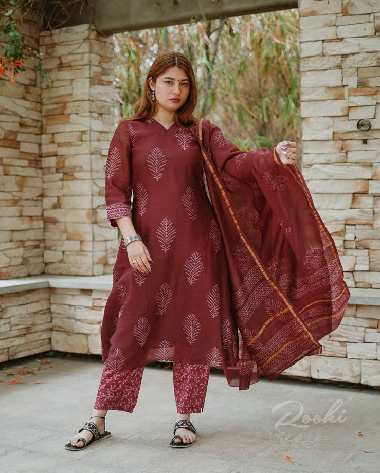 Anika - Block Printed Chanderi Suit Set